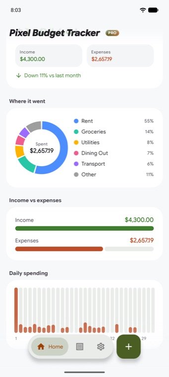 The analytics screen showing a spend-by-category donut, income against expenses, and a daily spending chart