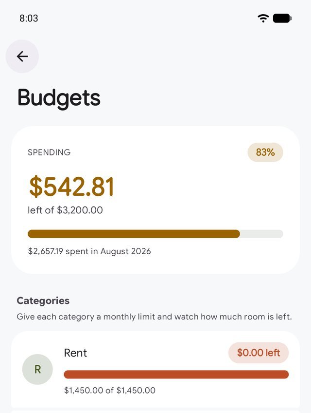 The Budgets screen in Pixel Budget Tracker, showing a monthly spending total and per-category limits