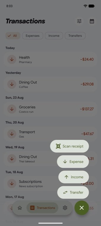 The add menu open over the transaction list, offering scan receipt, expense, income and transfer