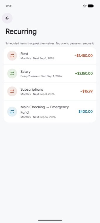The recurring screen listing rent, salary, subscriptions and a monthly transfer with their next due dates